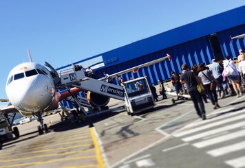 Passengers boarding a flight at London Luton Airport